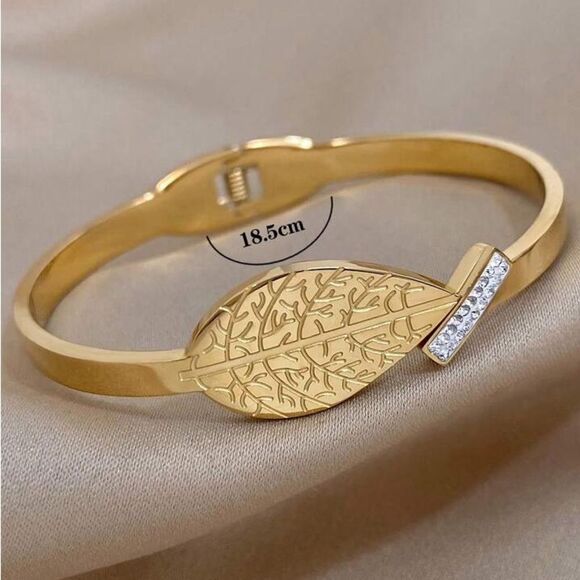 Elegant Gold Leaf Bracelet Vintage Stainless Steel Cuff Bracelet Bangle - Picture 3 of 6